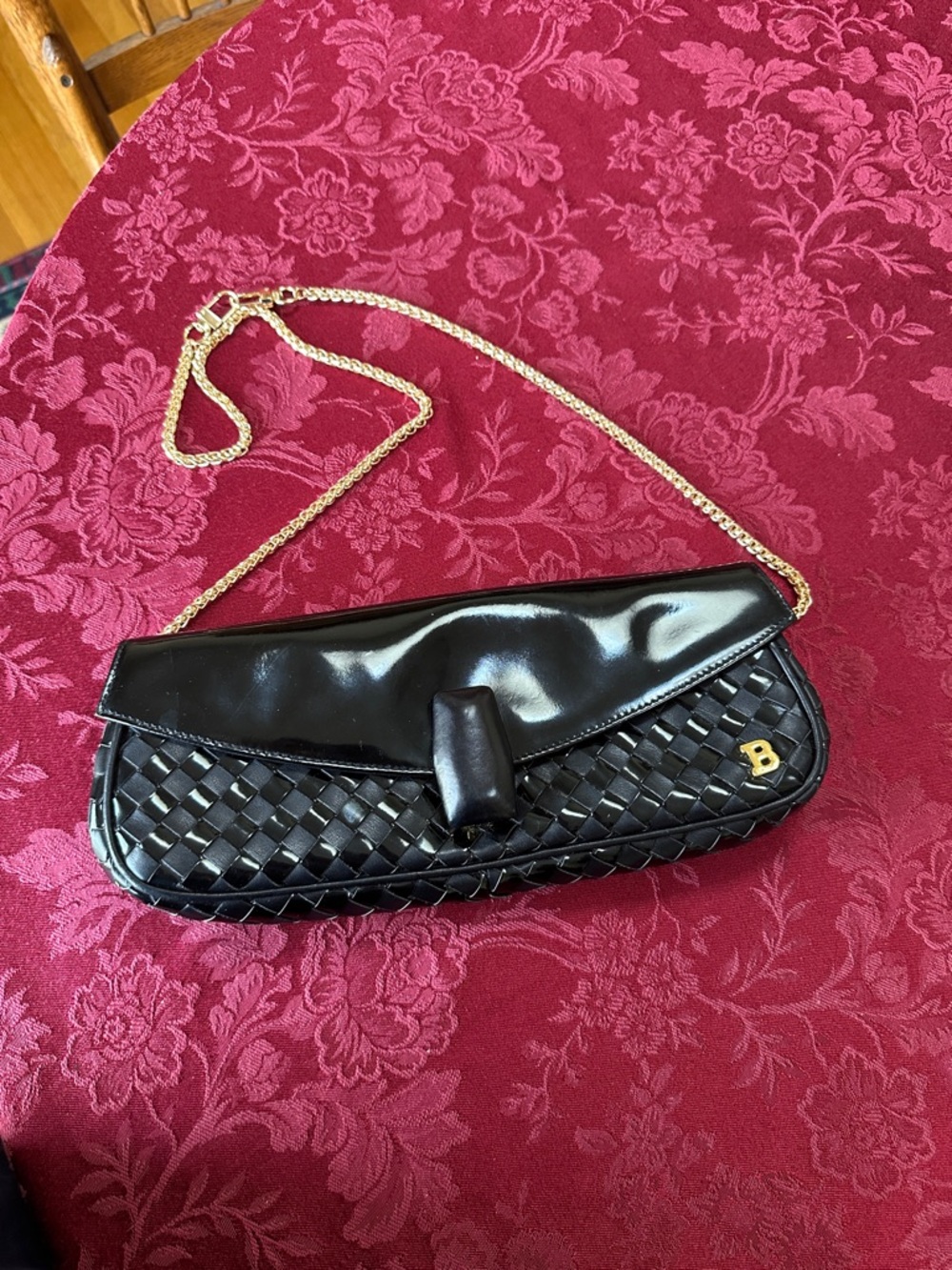 Bally Black Patent & Leather Woven Long Clutch w/ Unbranded Chain